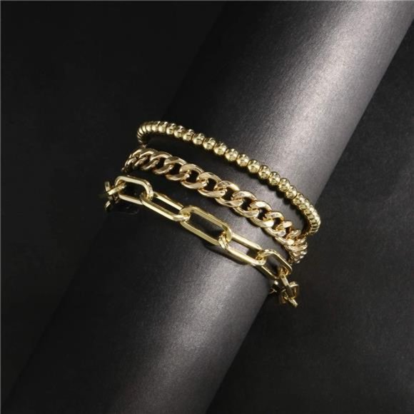 Gold Chain Bracelet Sets Women 14K Gold Plated Dainty Link Paperclip Bracelets - Picture 5 of 6